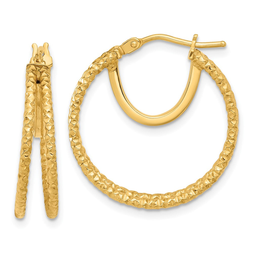 14k Yellow Gold 23.2 mm Polished and Textured Double Circle Hoop Earrings (2.39 grams)