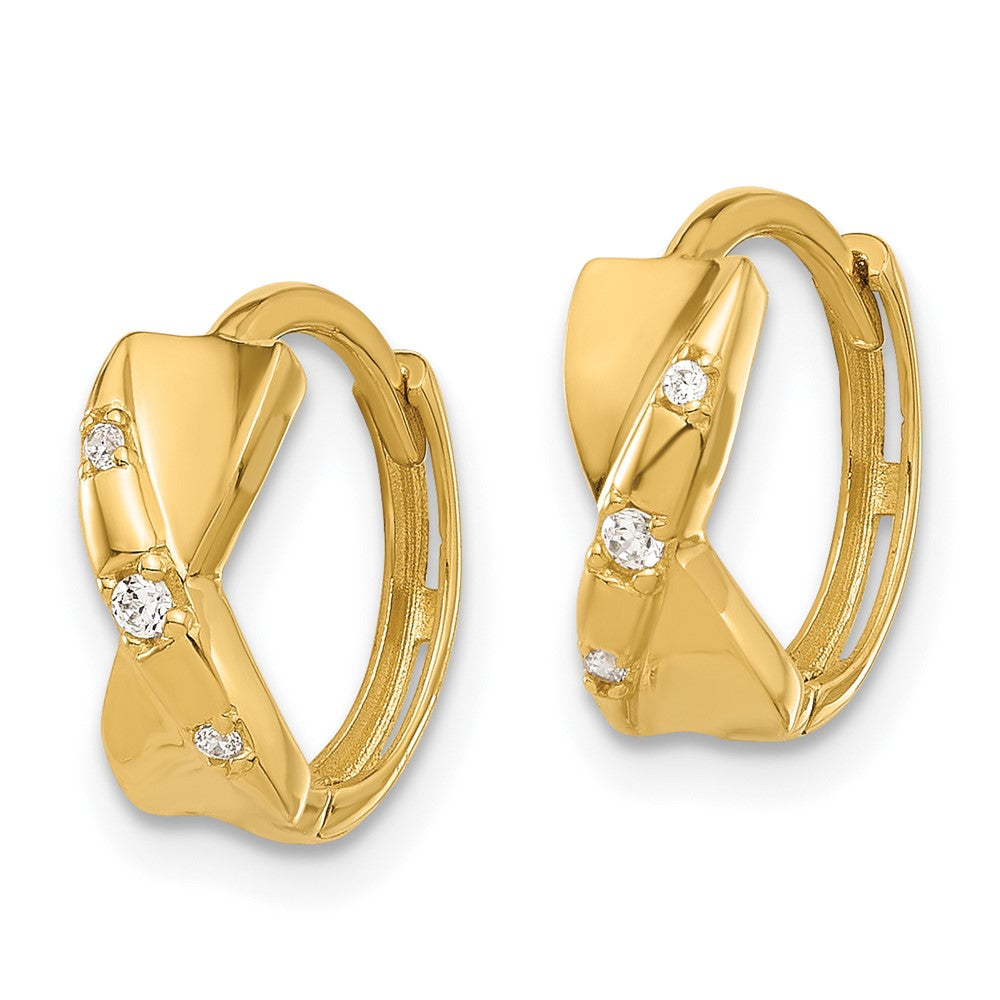 14k Yellow Gold 13.3 mm Polished CZ Criss Cross Twist Hinged Hoop Earrings (1.4 grams)