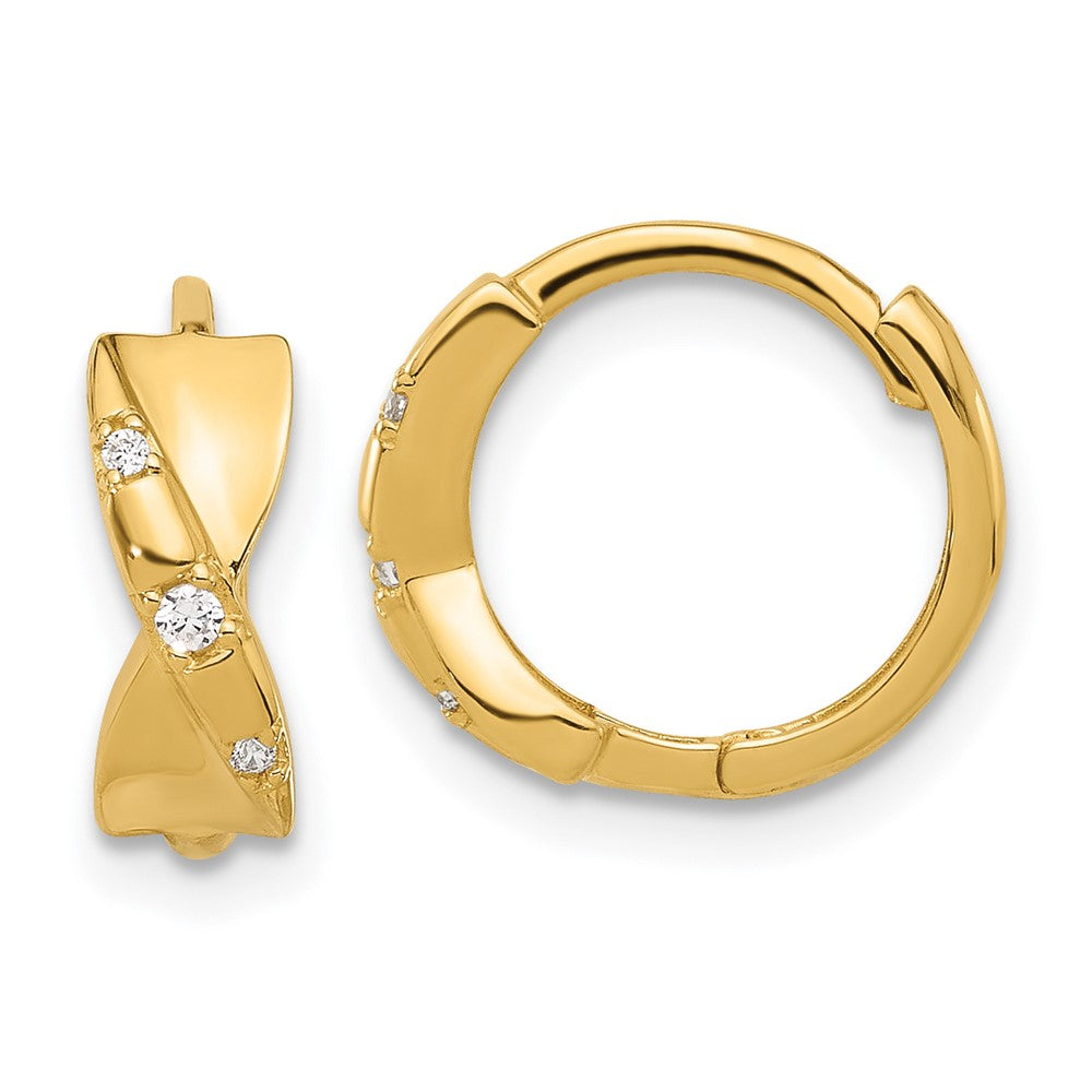 14k Yellow Gold 13.3 mm Polished CZ Criss Cross Twist Hinged Hoop Earrings (1.4 grams)