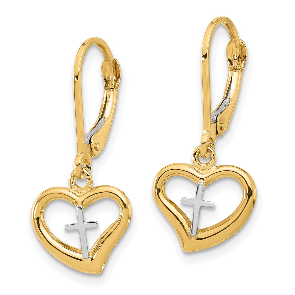 14k Two-tone 11.5 mm Two-tone Polished Cross in Heart Leverback Dangle Earrings (1.42 grams)