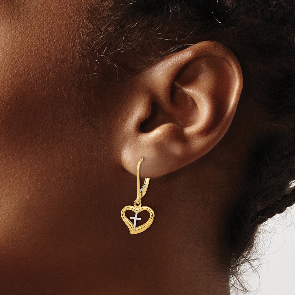 14k Two-tone 11.5 mm Two-tone Polished Cross in Heart Leverback Dangle Earrings (1.42 grams)