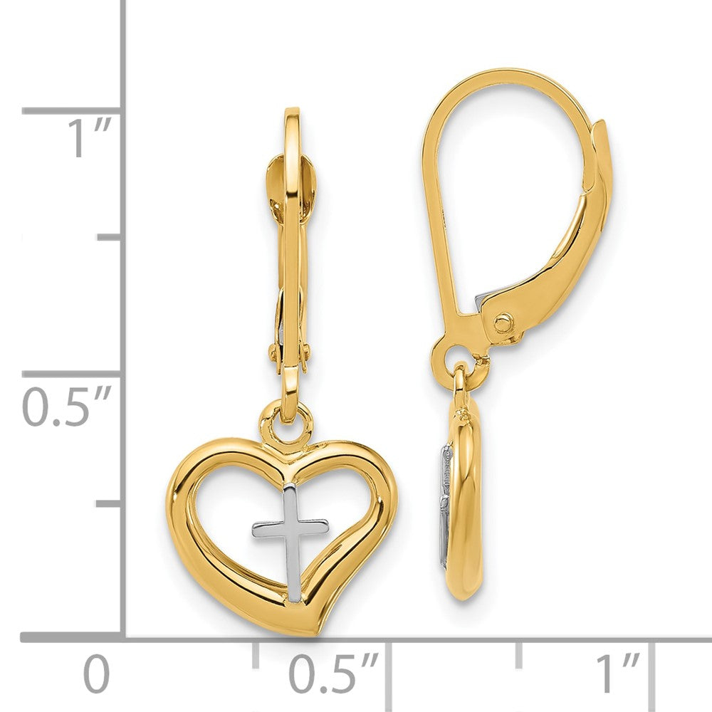 14k Two-tone 11.5 mm Two-tone Polished Cross in Heart Leverback Dangle Earrings (1.42 grams)