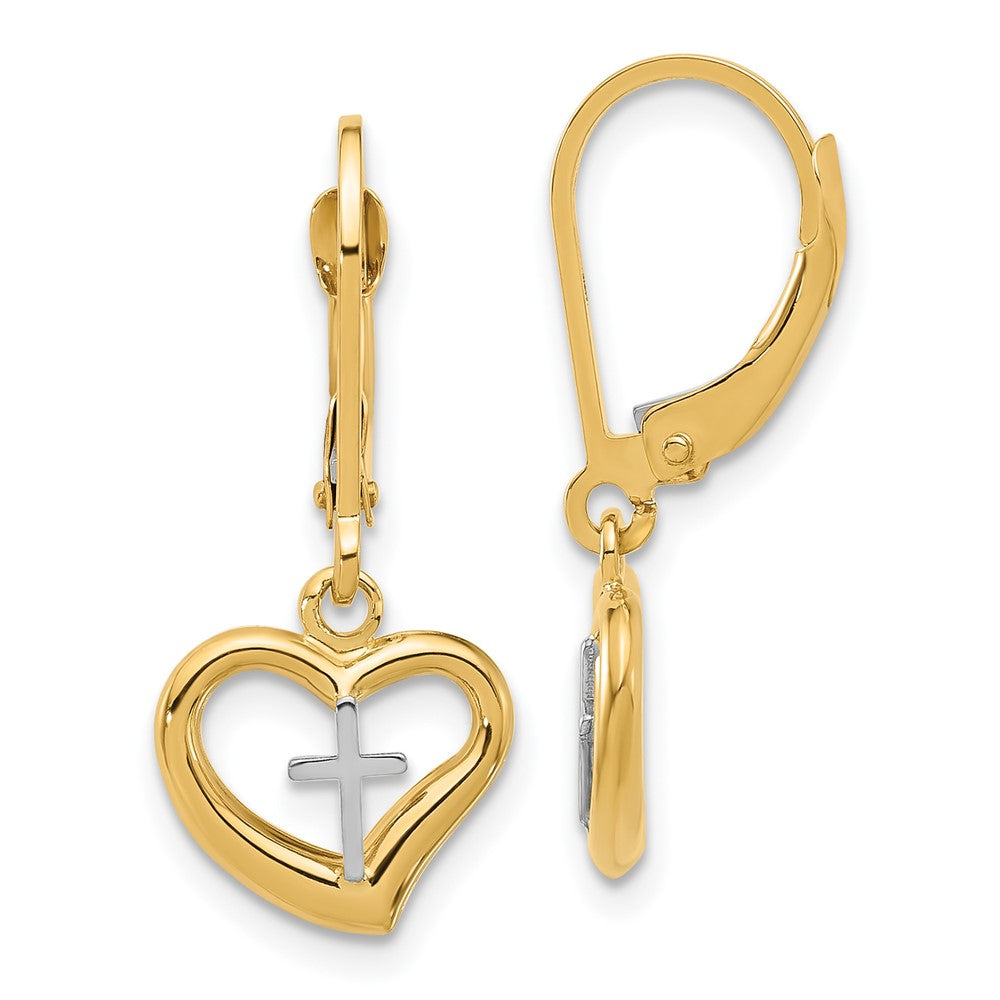 14k Two-tone 11.5 mm Two-tone Polished Cross in Heart Leverback Dangle Earrings (1.42 grams)