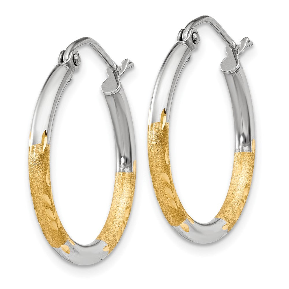 14k Yellow & Rhodium 2 mm Satin and Polished Diamond-cut Hoop Earrings (1.17 grams)