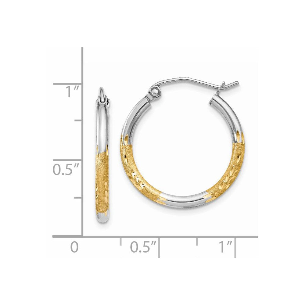 14k Yellow & Rhodium 2 mm Satin and Polished Diamond-cut Hoop Earrings (1.17 grams)