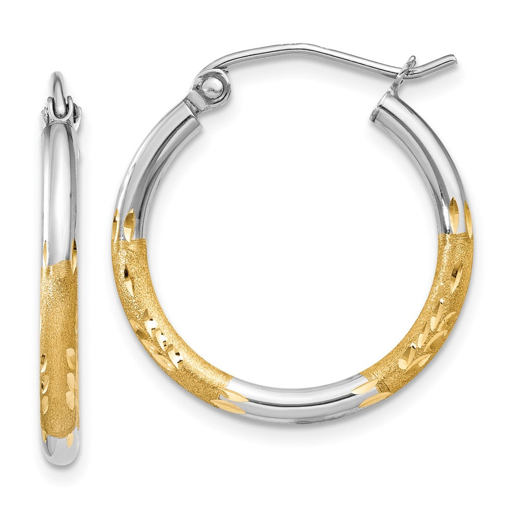 14k Yellow & Rhodium 2 mm Satin and Polished Diamond-cut Hoop Earrings (1.17 grams)