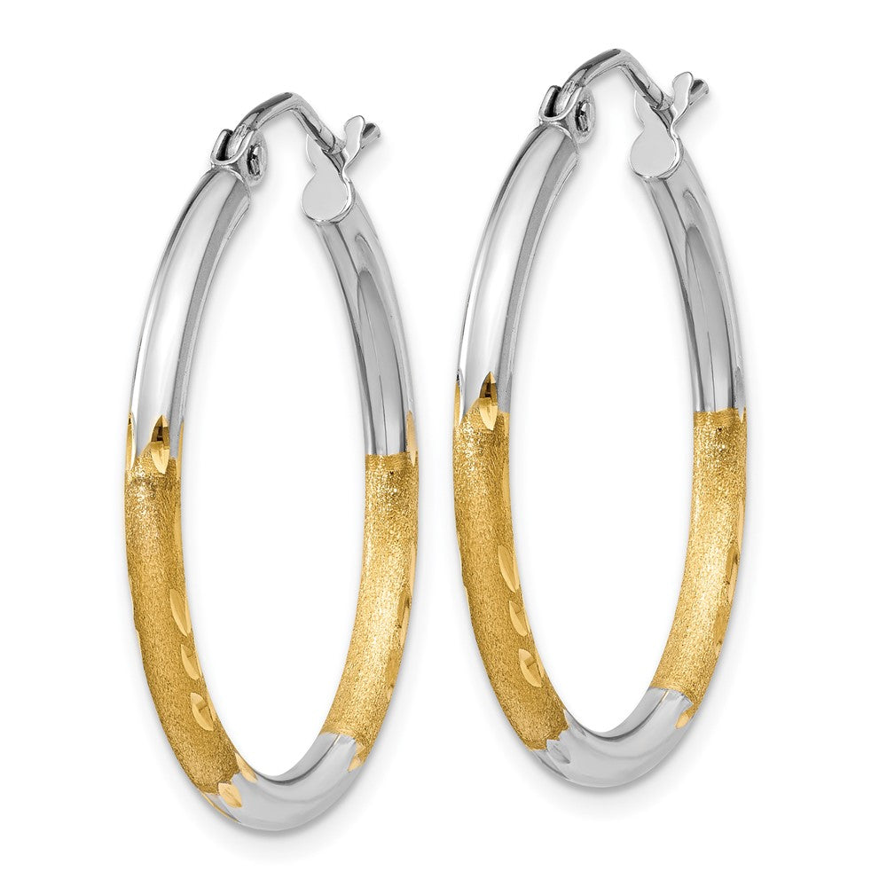 14k Yellow & Rhodium 2 mm Satin and Polished Diamond-cut Hoop Earrings (1.45 grams)