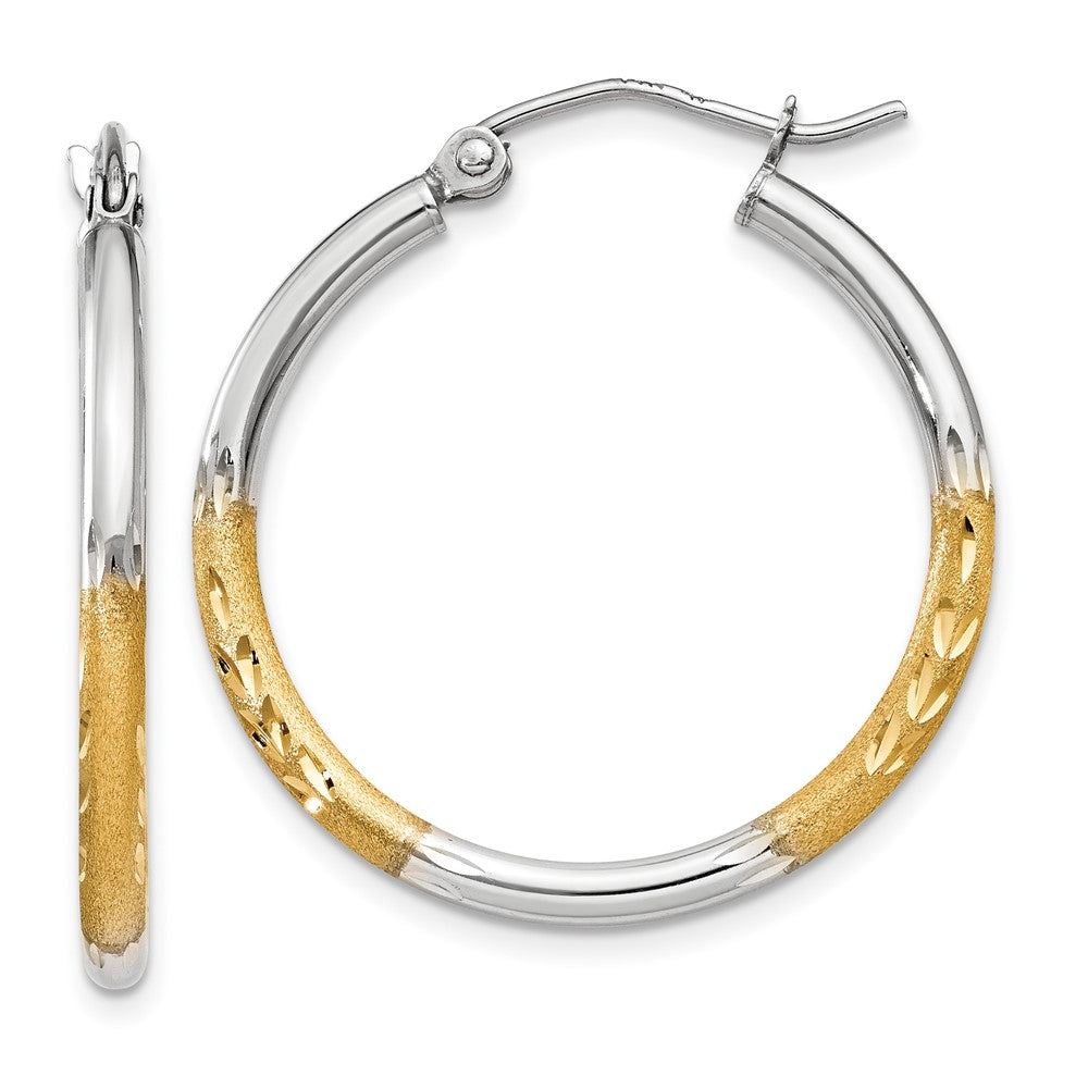 14k Yellow & Rhodium 2 mm Satin and Polished Diamond-cut Hoop Earrings (1.45 grams)