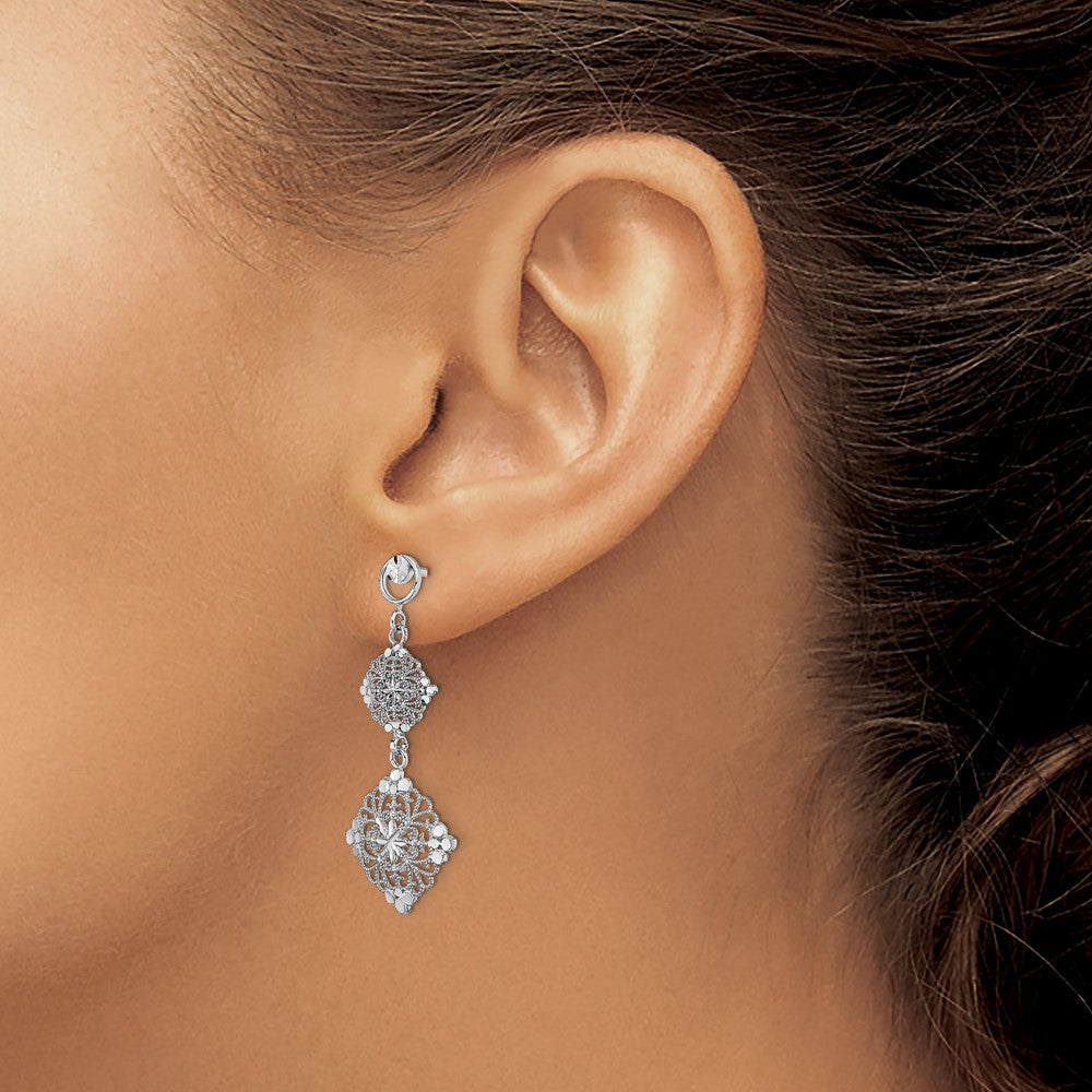14k White Gold 15 mm  D/C Filigree Medallion Drop Earrings (2.26 grams)