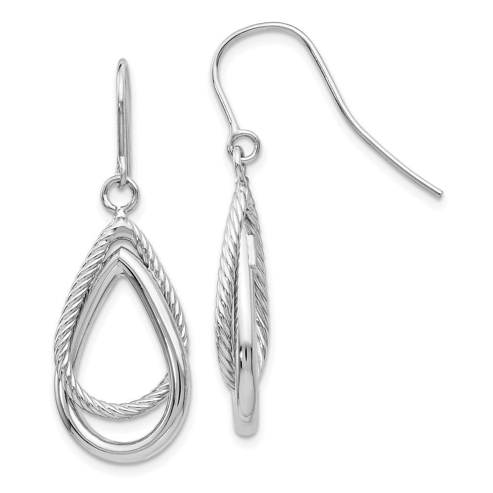 14k White Gold 13 mm  Polished and Textured Teardrop Shepherd Hook Earrings (2.44 grams)