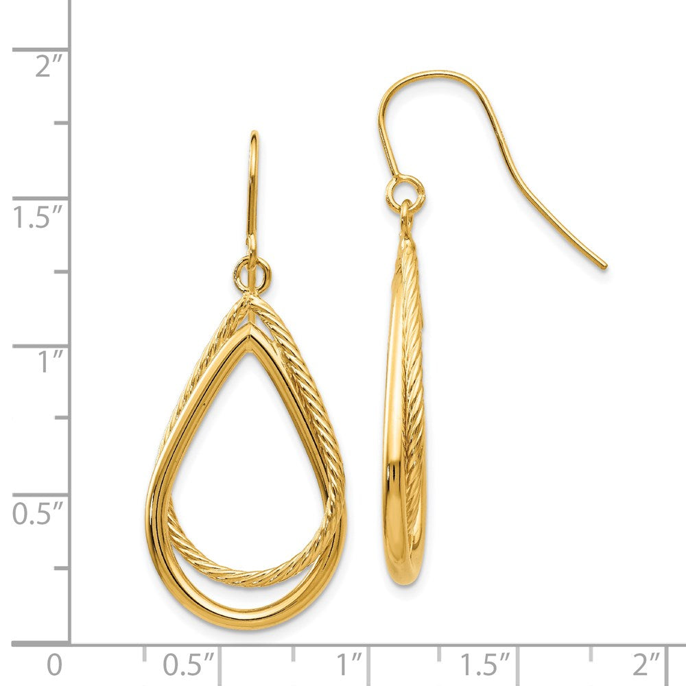 14k Yellow Gold 17 mm Polished and Textured Teardrop Shepherd Hook Earrings (2.71 grams)