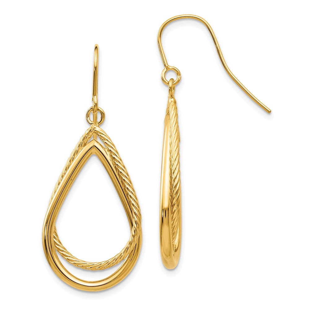 14k Yellow Gold 17 mm Polished and Textured Teardrop Shepherd Hook Earrings (2.71 grams)