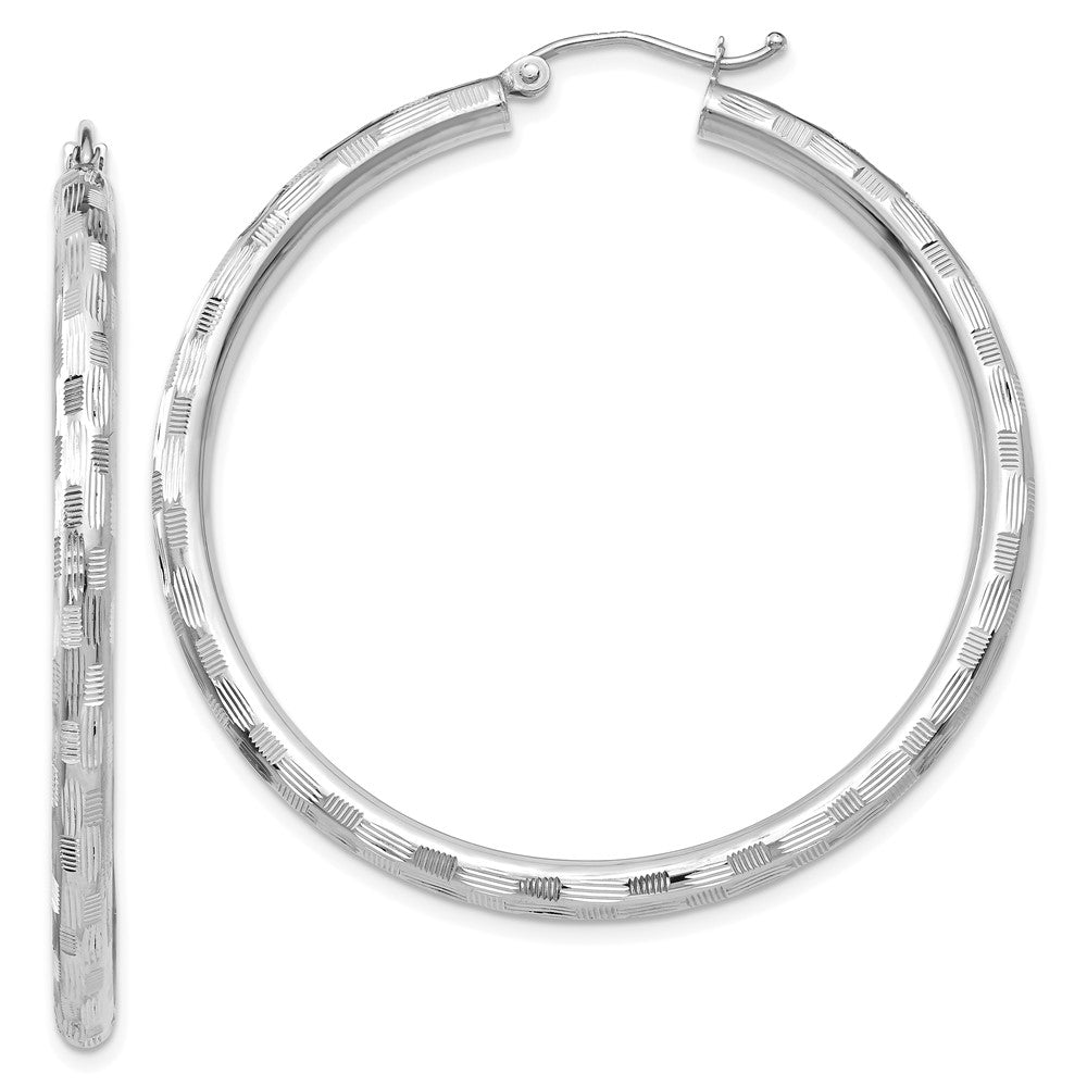 14k White Gold 3 mm Diamond-cut Hoop Earrings (3.16 grams)