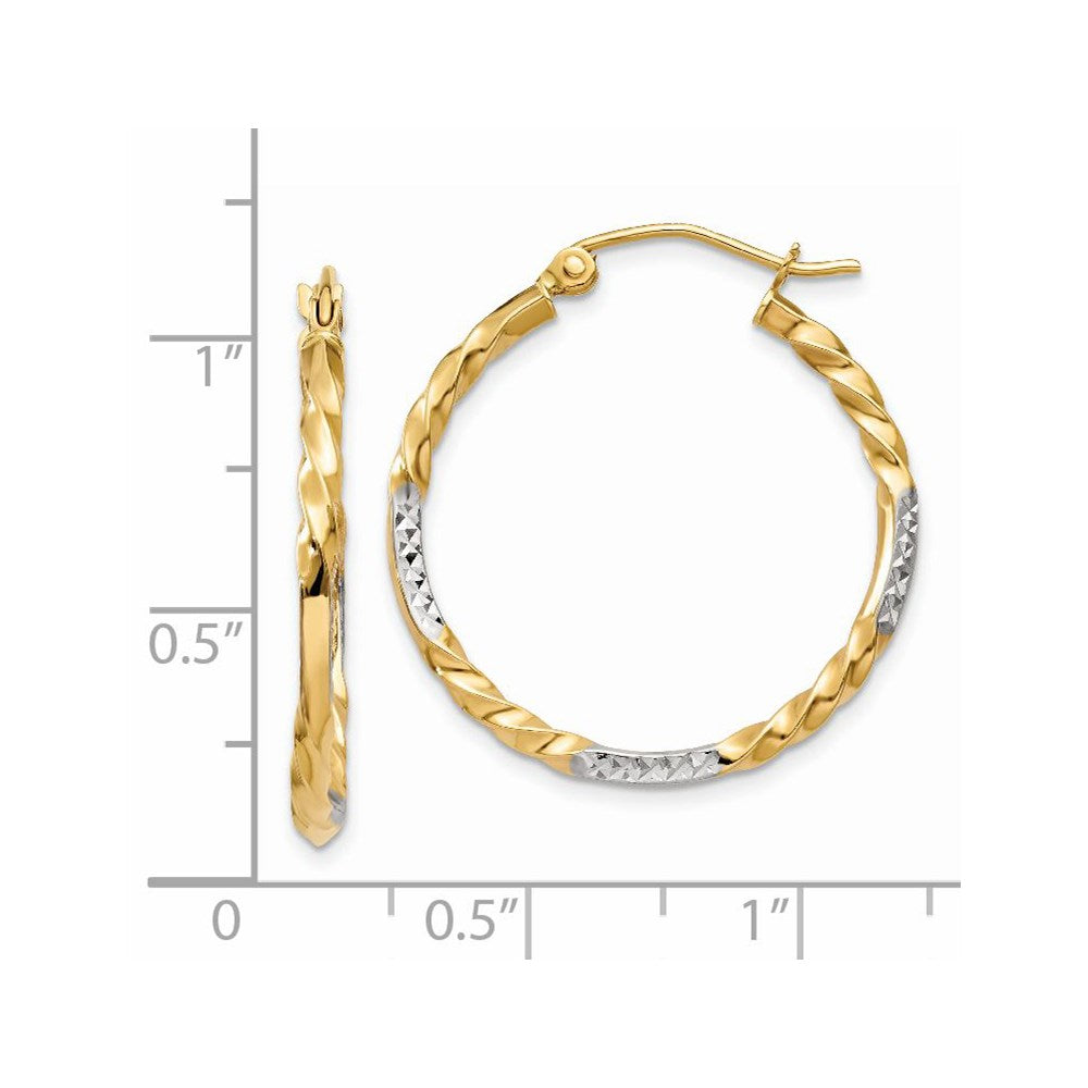 14k Yellow & Rhodium 24.5 mm  Diamond Cut Twisted Hoop Earrings (1.38 grams)