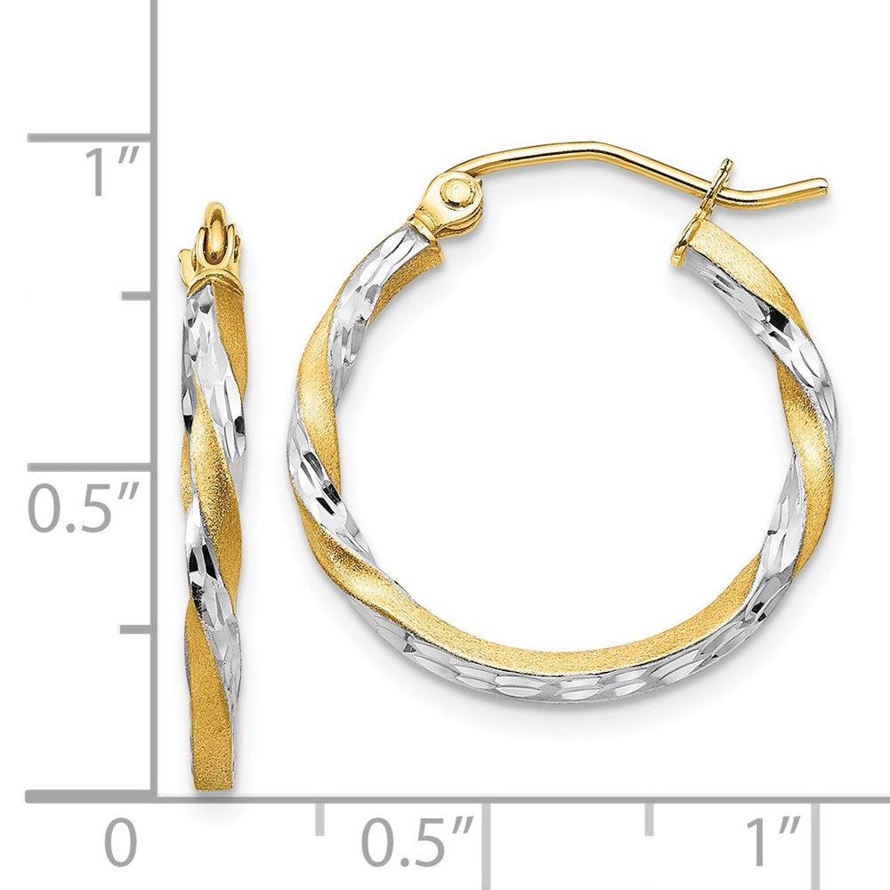 14k Yellow & Rhodium 21 mm  Satin Diamond Cut Twisted Hoop Earrings (1.08 grams)