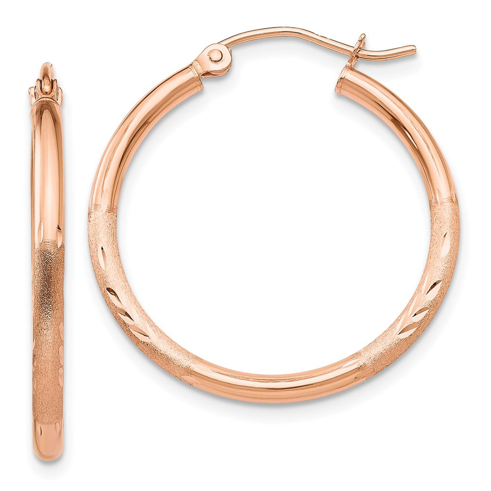 14k Rose Gold 2 mm Lightweight Satin Diamond Cut Hoop Earrings (1.35 grams)