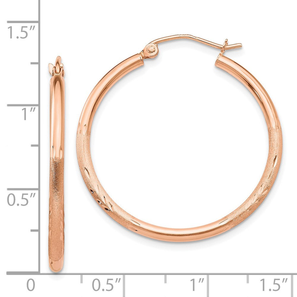 14k Rose Gold 2 mm Lightweight Satin Diamond Cut Hoop Earrings (1.6 grams)
