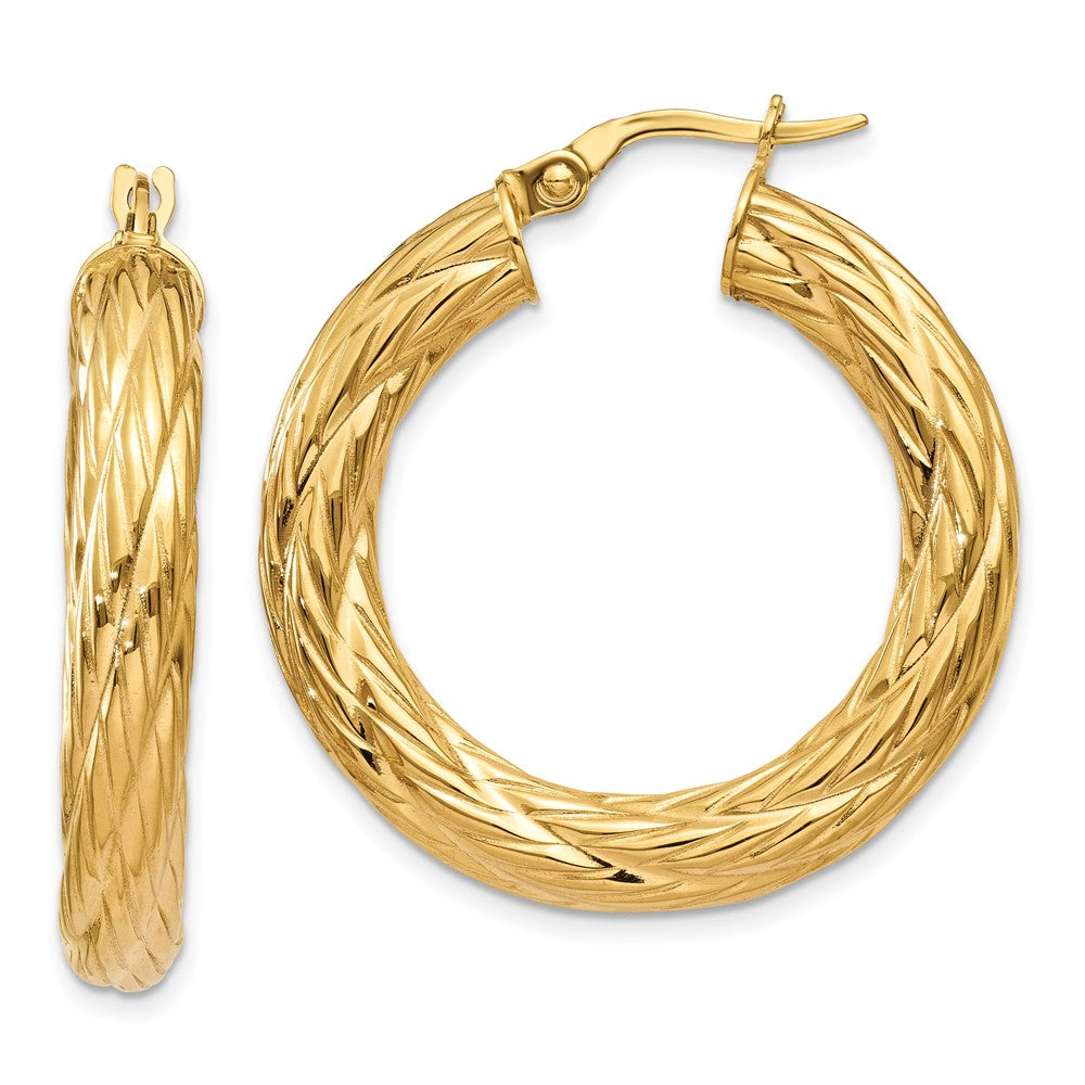 14k Yellow Gold 32 mm Textured Tube Hoop Earrings (3.49 grams)