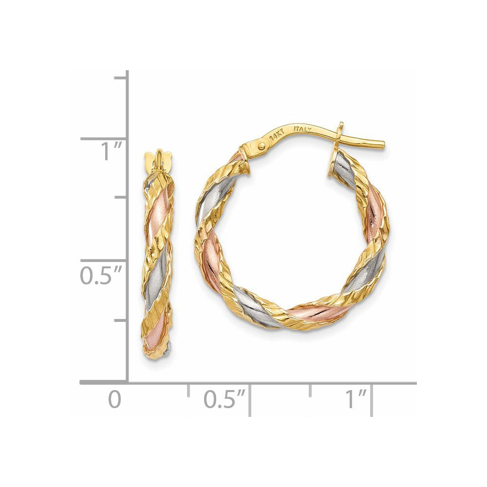 14k Yellow & Rhodium 22 mm  Textured Twisted Hoop Earrings (1.48 grams)