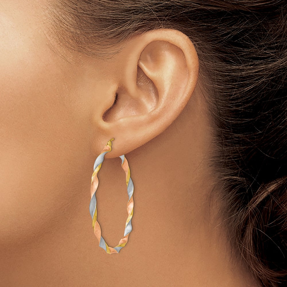 14k Yellow & Rhodium 44.5 mm  Satin Twisted Hoop Earrings (3.81 grams)
