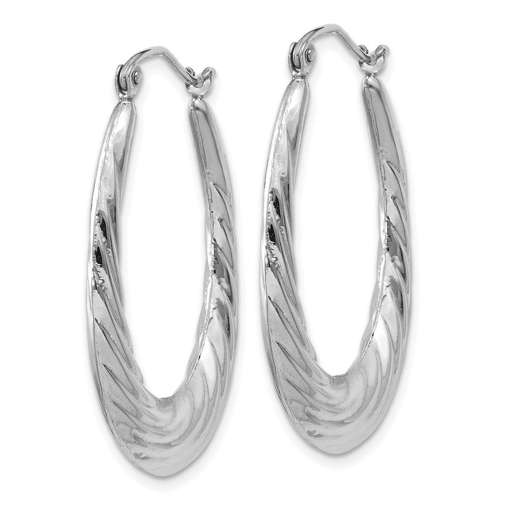 14k White Gold 4 mm Polished and Textured Oval Hoop Earrings (2.19 grams)