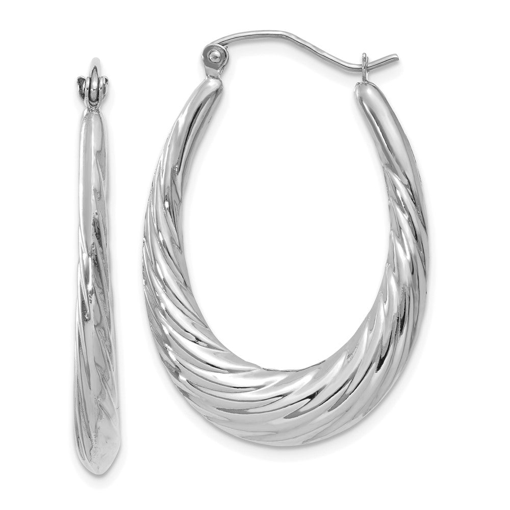 14k White Gold 4 mm Polished and Textured Oval Hoop Earrings (2.19 grams)