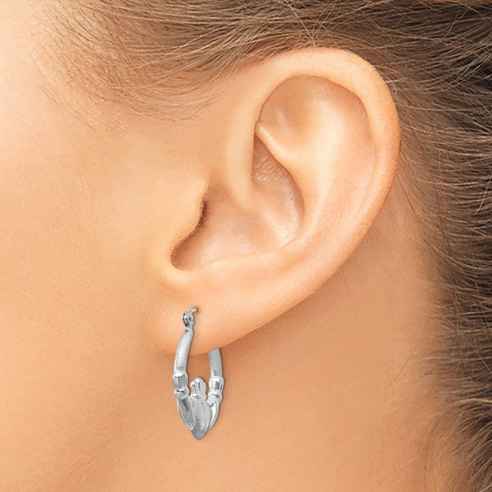 14k White Gold 2 mm Satin and Diamond-cut Claddagh Hoop Earrings (1.55 grams)