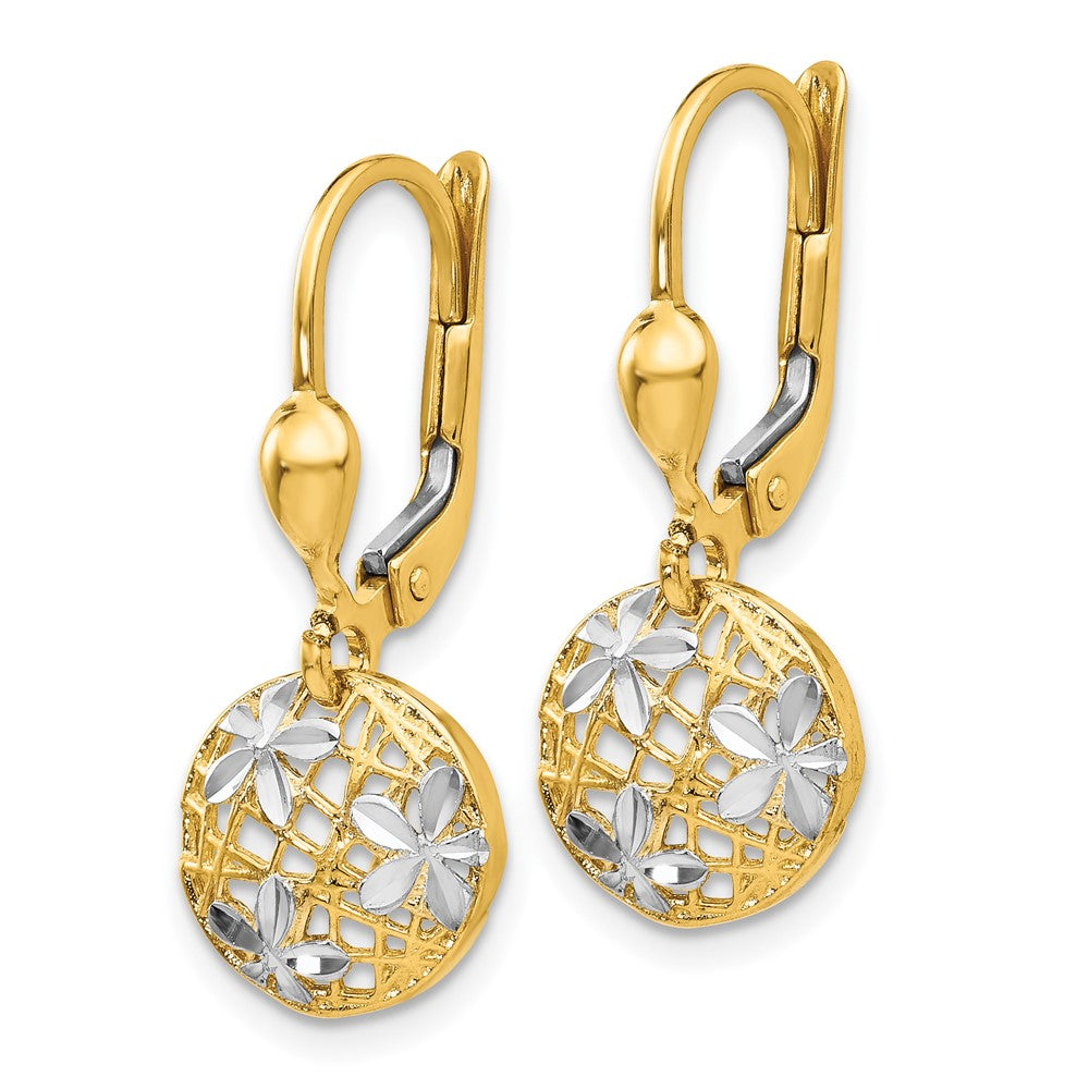14k Yellow & Rhodium 7 mm  Polished Diamond-cut Dangle Leverback Earrings (2.05 grams)