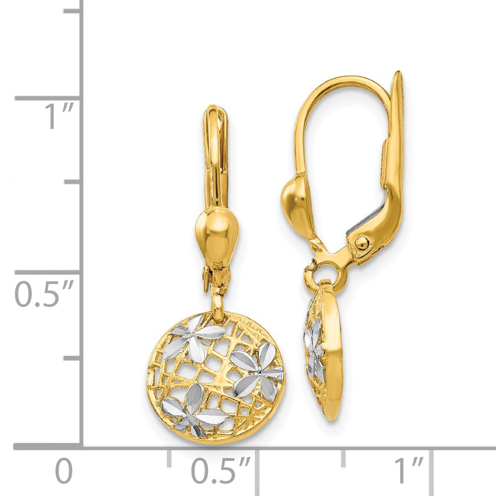 14k Yellow & Rhodium 7 mm  Polished Diamond-cut Dangle Leverback Earrings (2.05 grams)