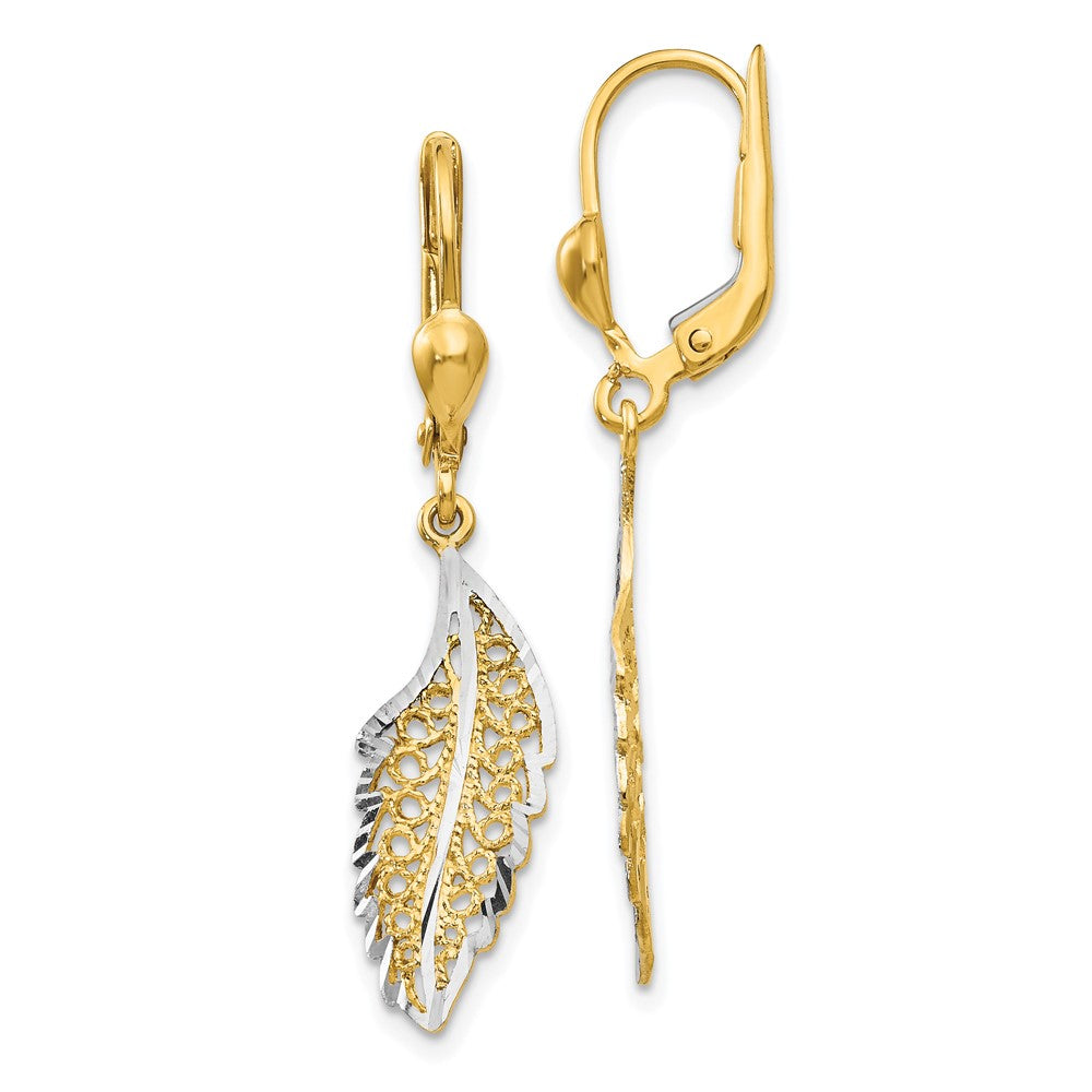 14k Yellow & Rhodium 5 mm  Polished and Textured Leaf Leverback Earrings (2.04 grams)