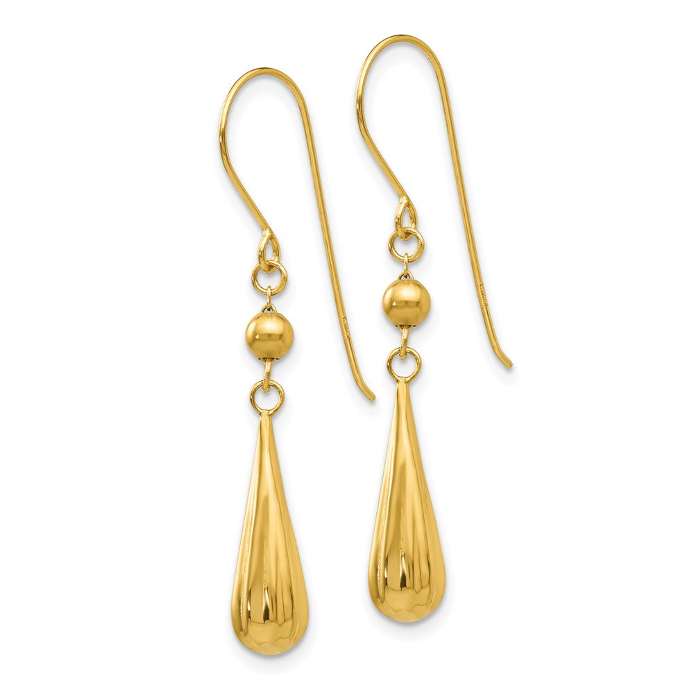 14k Yellow Gold 5 mm Grooved Puffed Teardrop Shepherd Hook Earrings (1.14 grams)