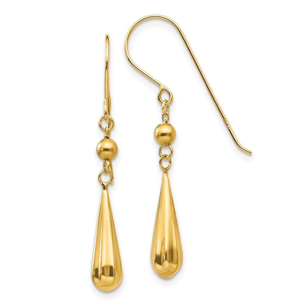 14k Yellow Gold 5 mm Grooved Puffed Teardrop Shepherd Hook Earrings (1.14 grams)