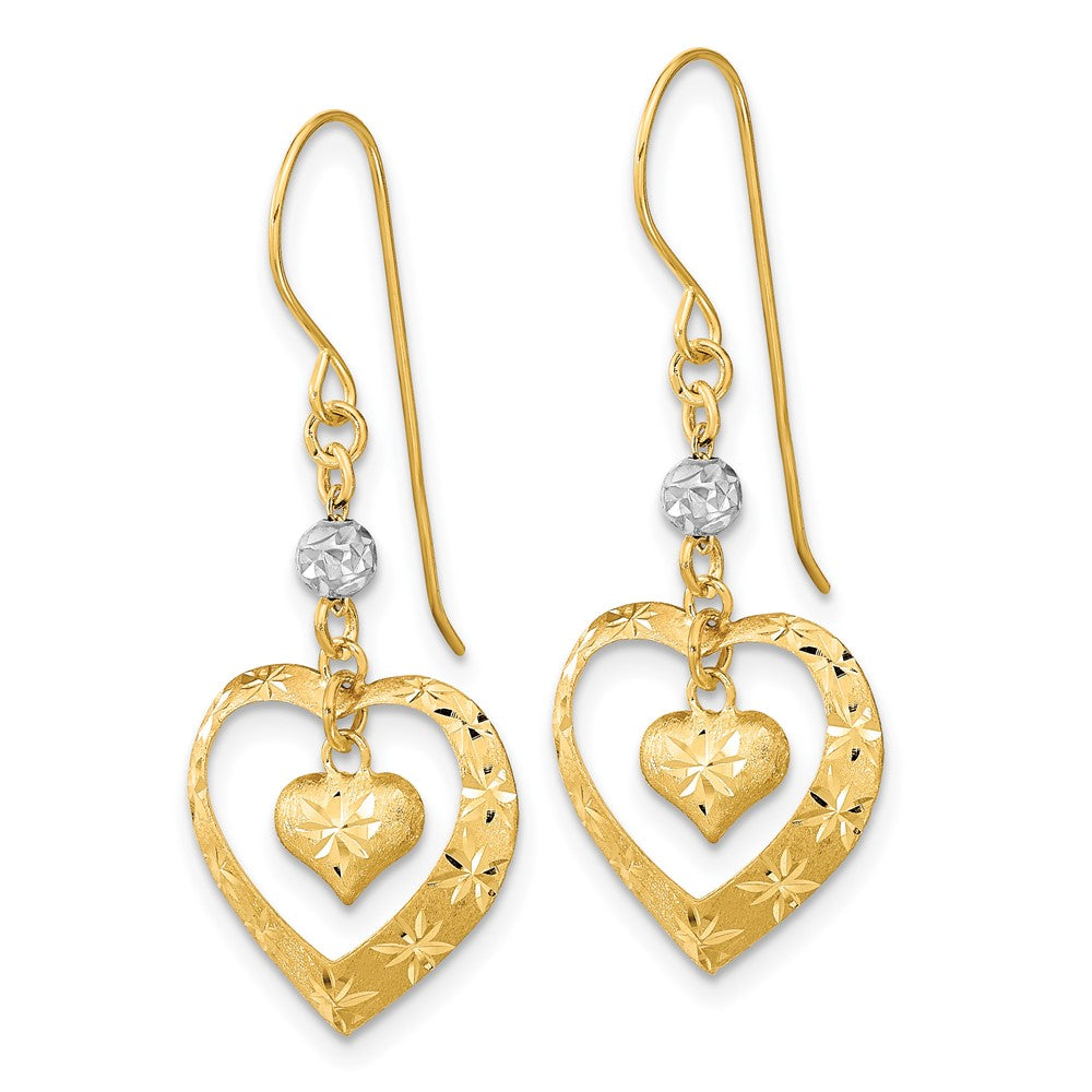 14k Two-tone 14.75 mm Satin D/C Heart Dangle Shepherd Hook Earrings (1.28 grams)