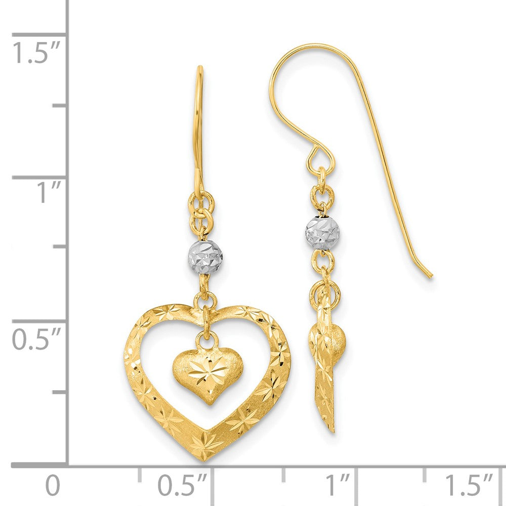 14k Two-tone 14.75 mm Satin D/C Heart Dangle Shepherd Hook Earrings (1.28 grams)