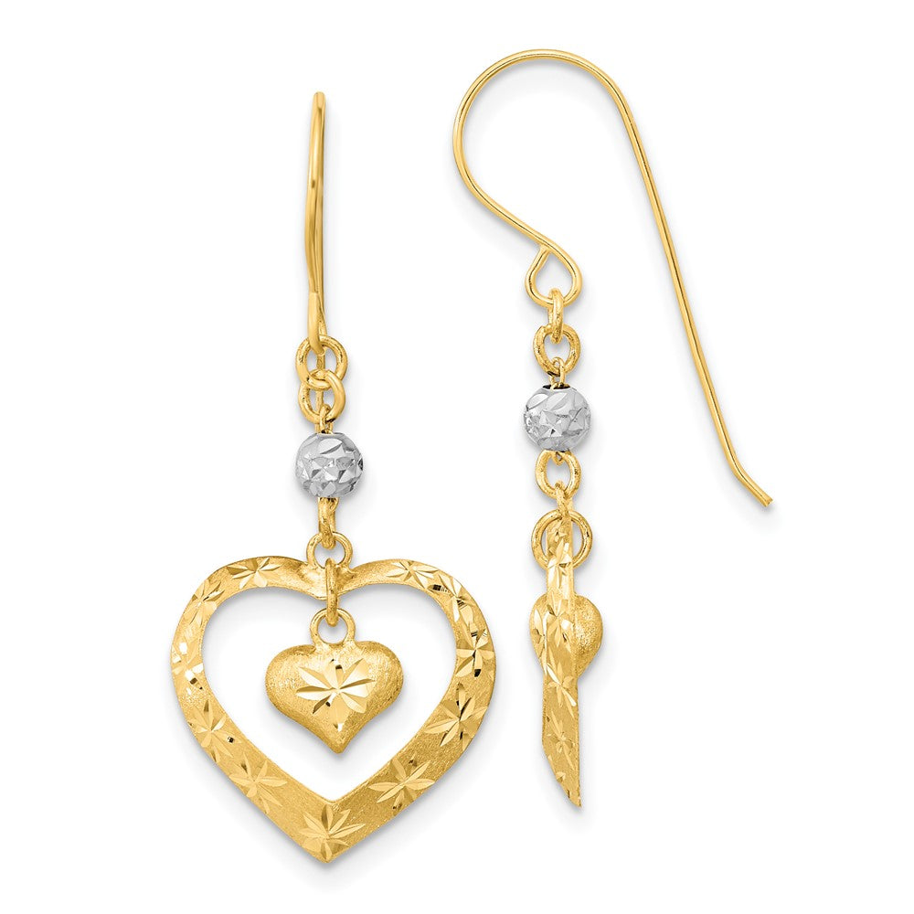 14k Two-tone 14.75 mm Satin D/C Heart Dangle Shepherd Hook Earrings (1.28 grams)