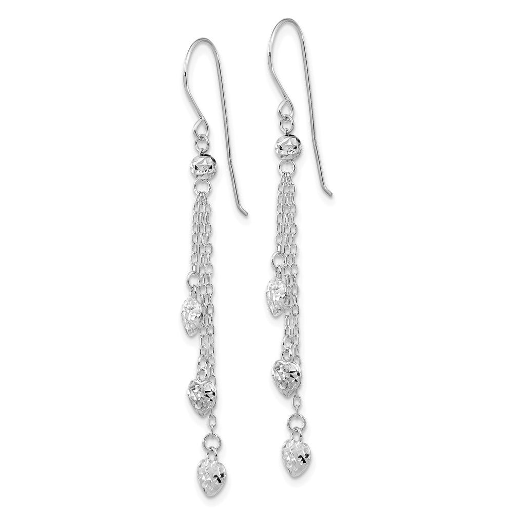 14k White Gold 4.85 mm D/C Triple Heart Dangle Shepherd Hook Earrings (1.22 grams)