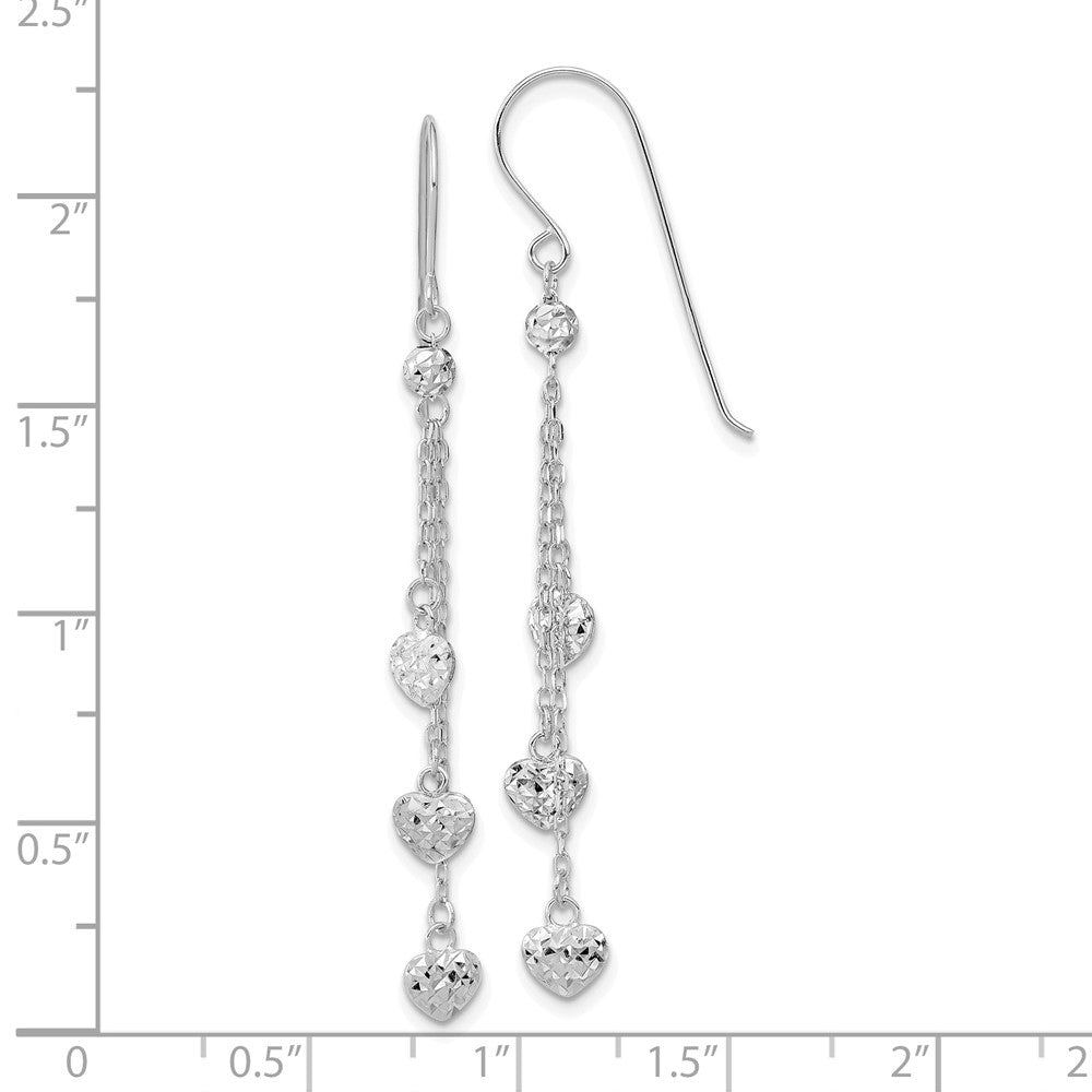 14k White Gold 4.85 mm D/C Triple Heart Dangle Shepherd Hook Earrings (1.22 grams)