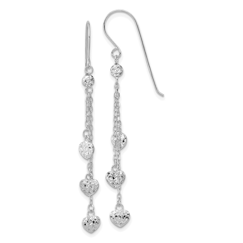 14k White Gold 4.85 mm D/C Triple Heart Dangle Shepherd Hook Earrings (1.22 grams)