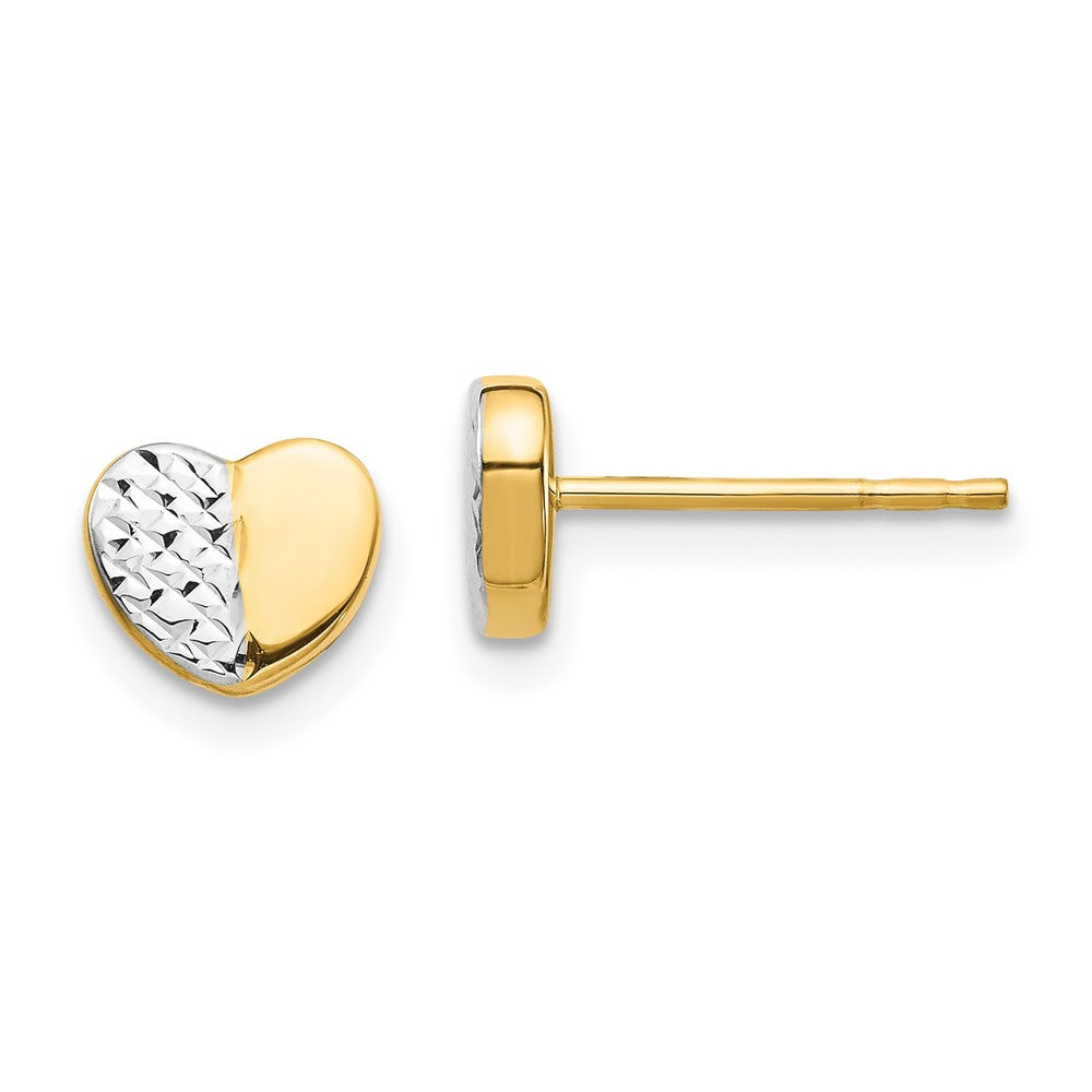 14k Yellow & Rhodium 7.4 mm  Diamond-Cut Heart Post Earrings (0.84 grams)