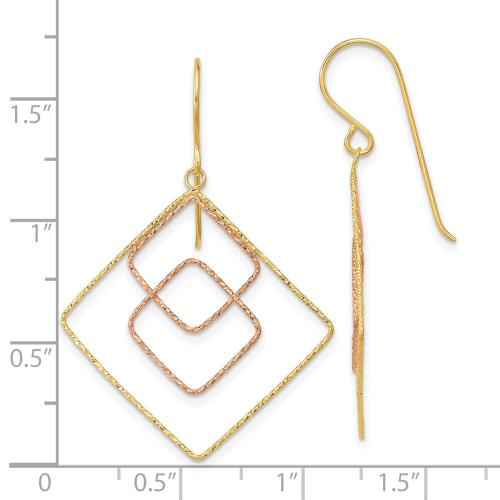 14k Two-tone 29 mm Diamond-cut Graduated Square Shepherd Hook Earrings (1.07 grams)