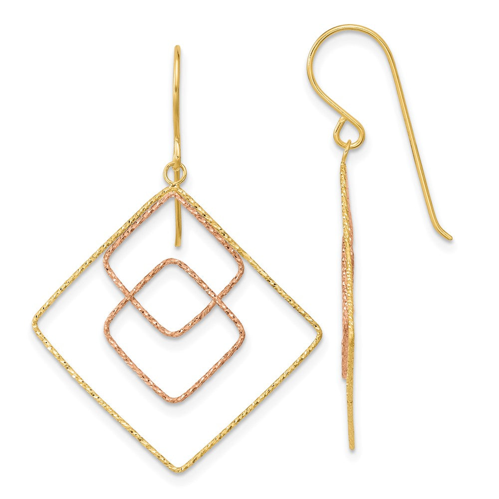 14k Two-tone 29 mm Diamond-cut Graduated Square Shepherd Hook Earrings (1.07 grams)