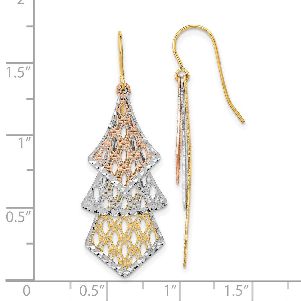 14k Tri-Color 15 mm Tri-color D/C Polished Filigree Dangle Earrings (2.37 grams)