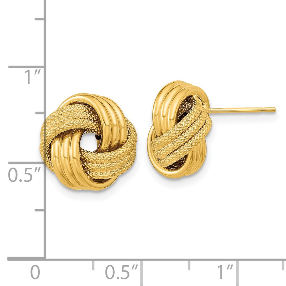 14k Yellow Gold 12.5 mm Polished Textured Triple Love Knot Post Earrings (1.72 grams)