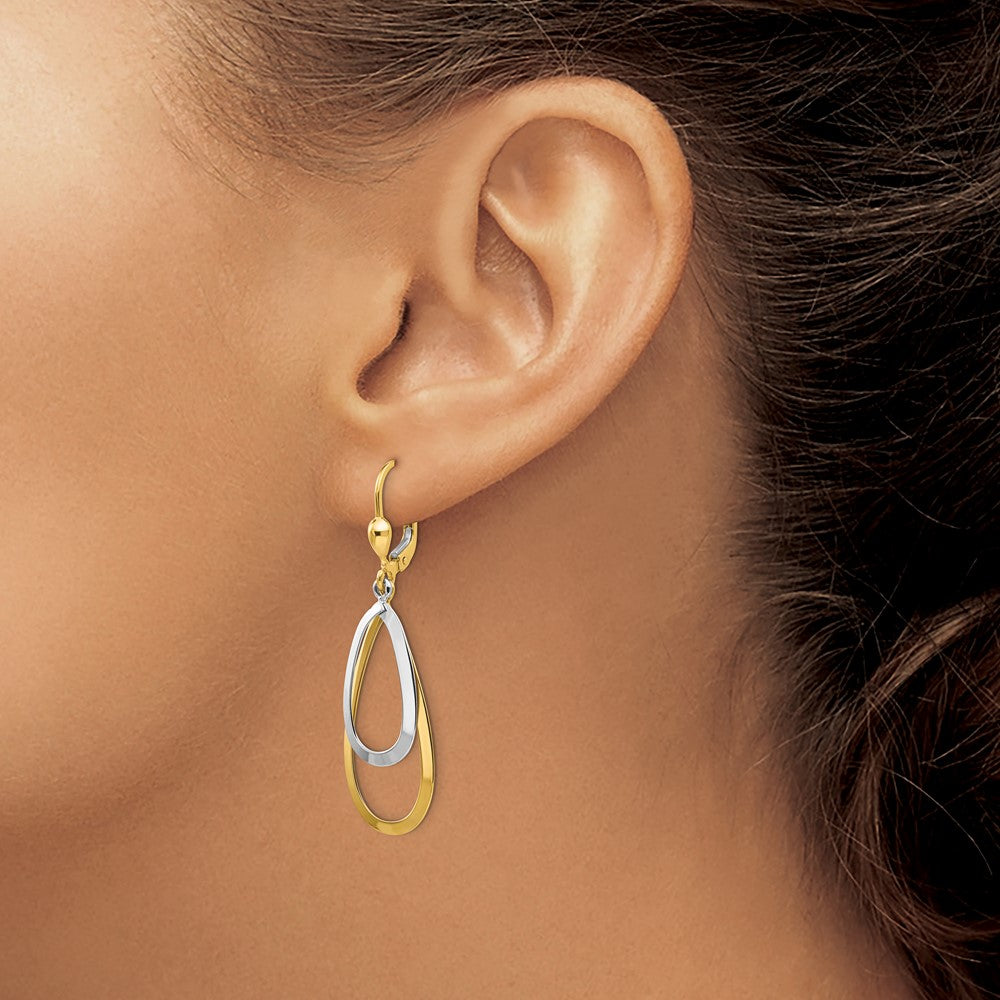 14k Two-tone 14 mm Oval Leverback Tear Drop Earrings (2.58 grams)