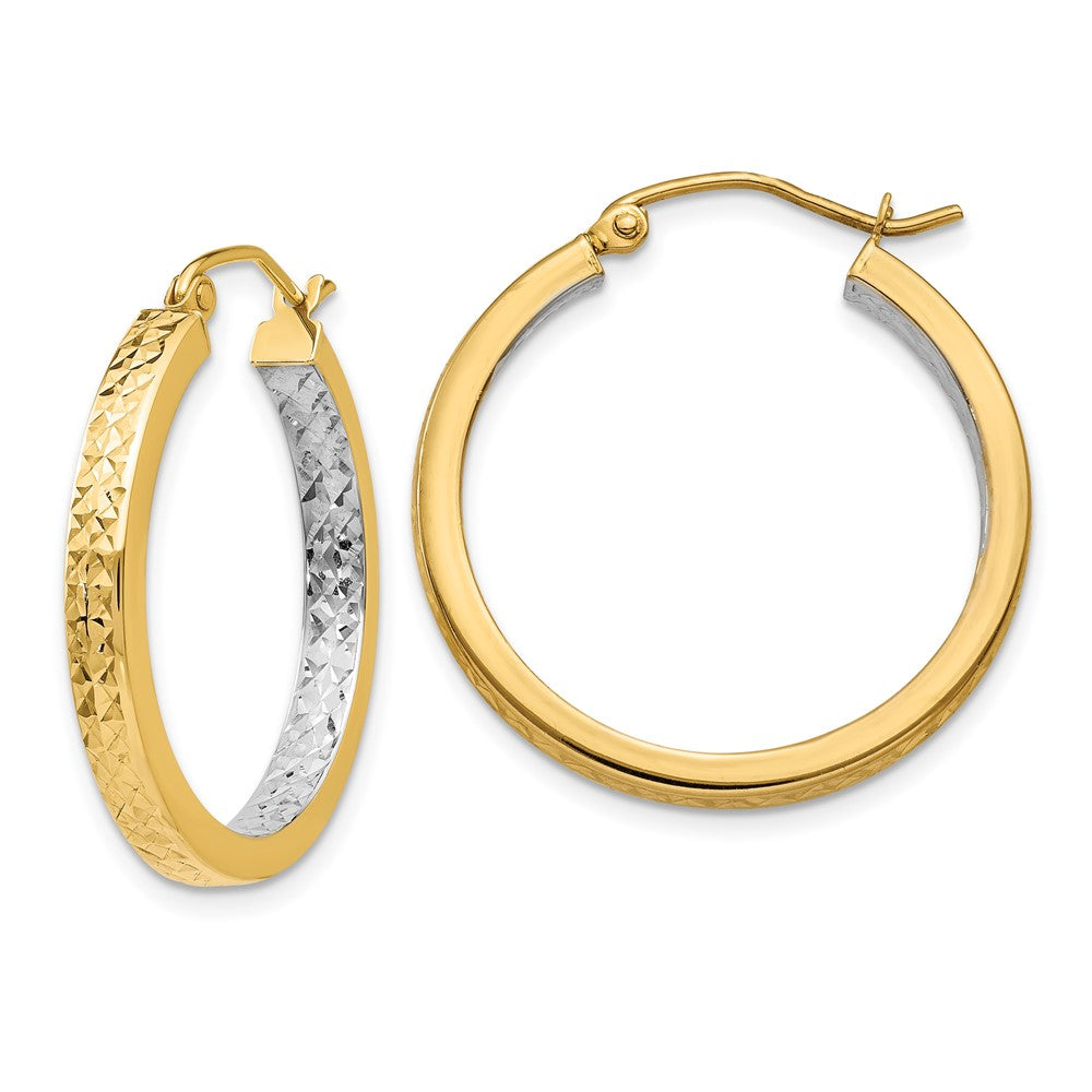 14k Yellow & Rhodium 27 mm  Light Square Diamond Cut Hoop Earrings (1.82 grams)