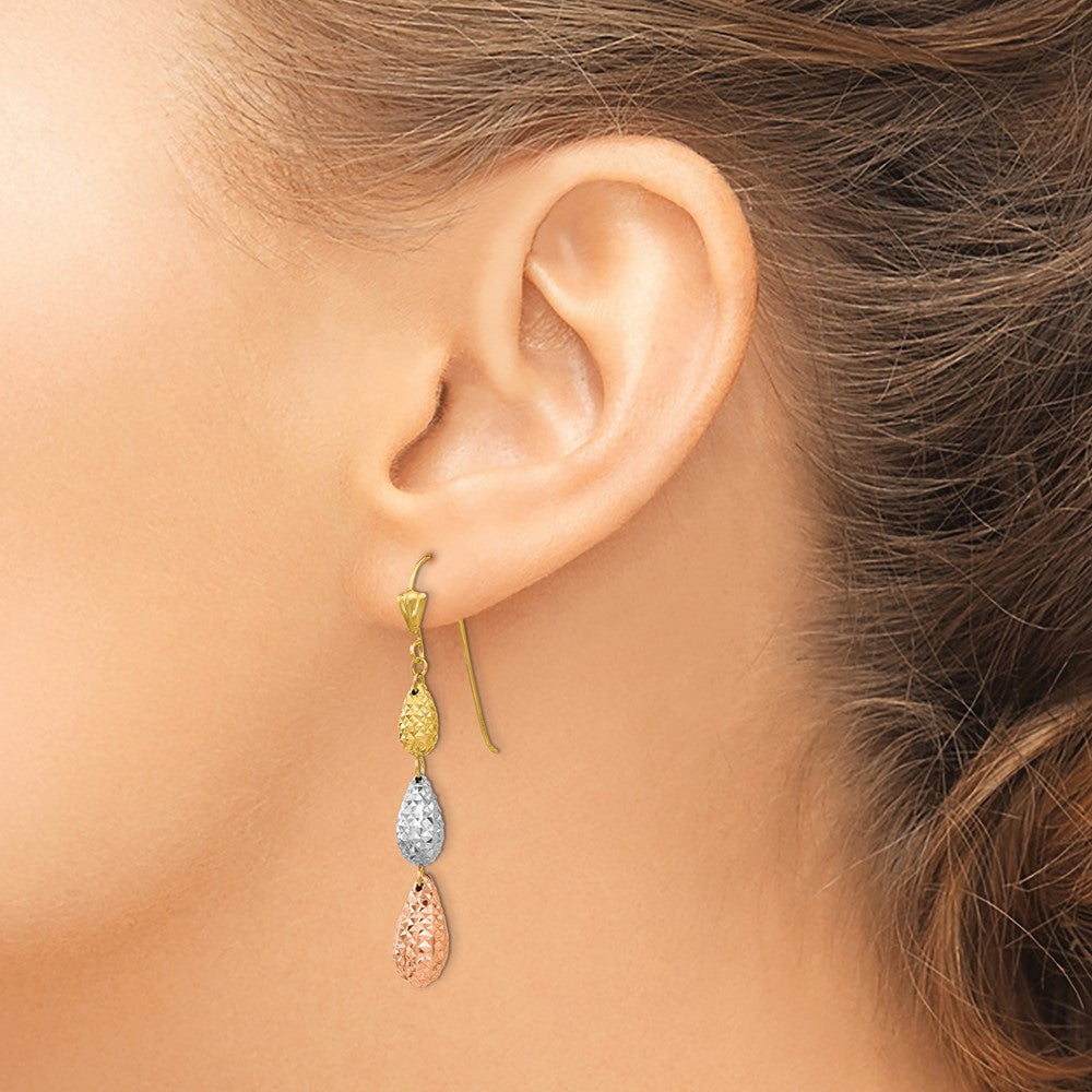 14k Tri-Color 6 mm Tri-color Puff Diamond-cut Teardrop Dangle Earrings (1.5 grams)