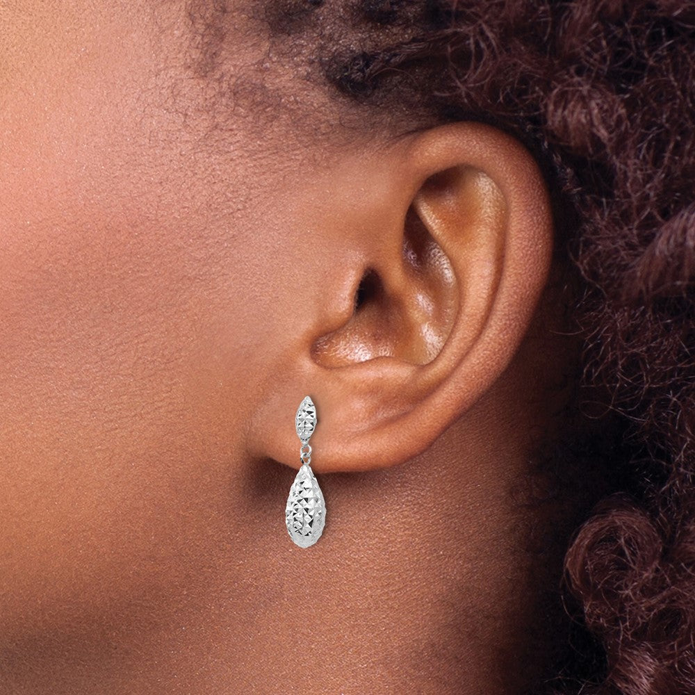 14k White Gold 6 mm Diamond-cut Puff Teardrop Dangle Earrings (0.99 grams)