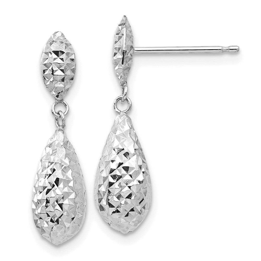 14k White Gold 6 mm Diamond-cut Puff Teardrop Dangle Earrings (0.99 grams)