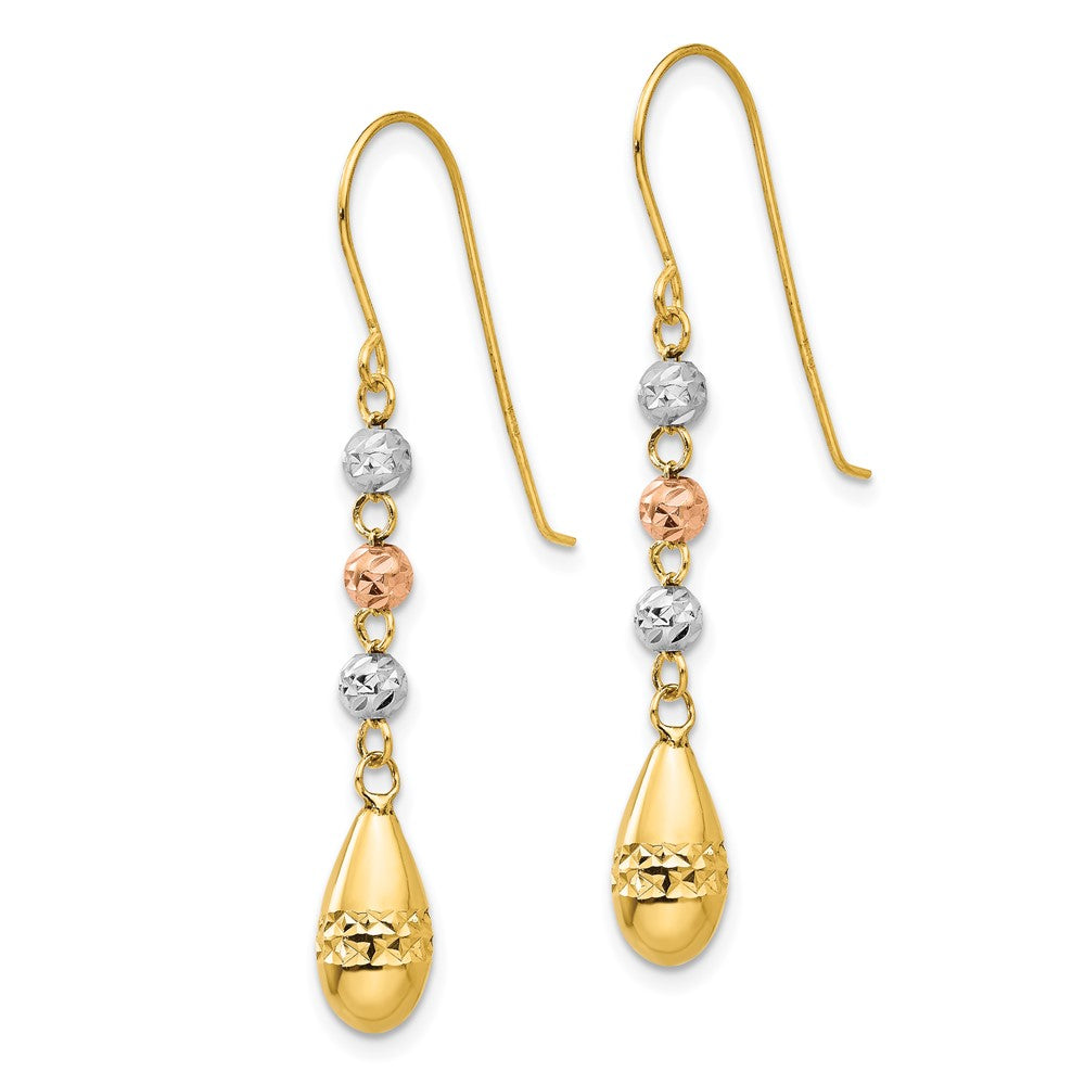 14k Tri-Color 5 mm Tri-color Diamond-cut Teardrop Beaded Puff Dangle Earrings (1.11 grams)