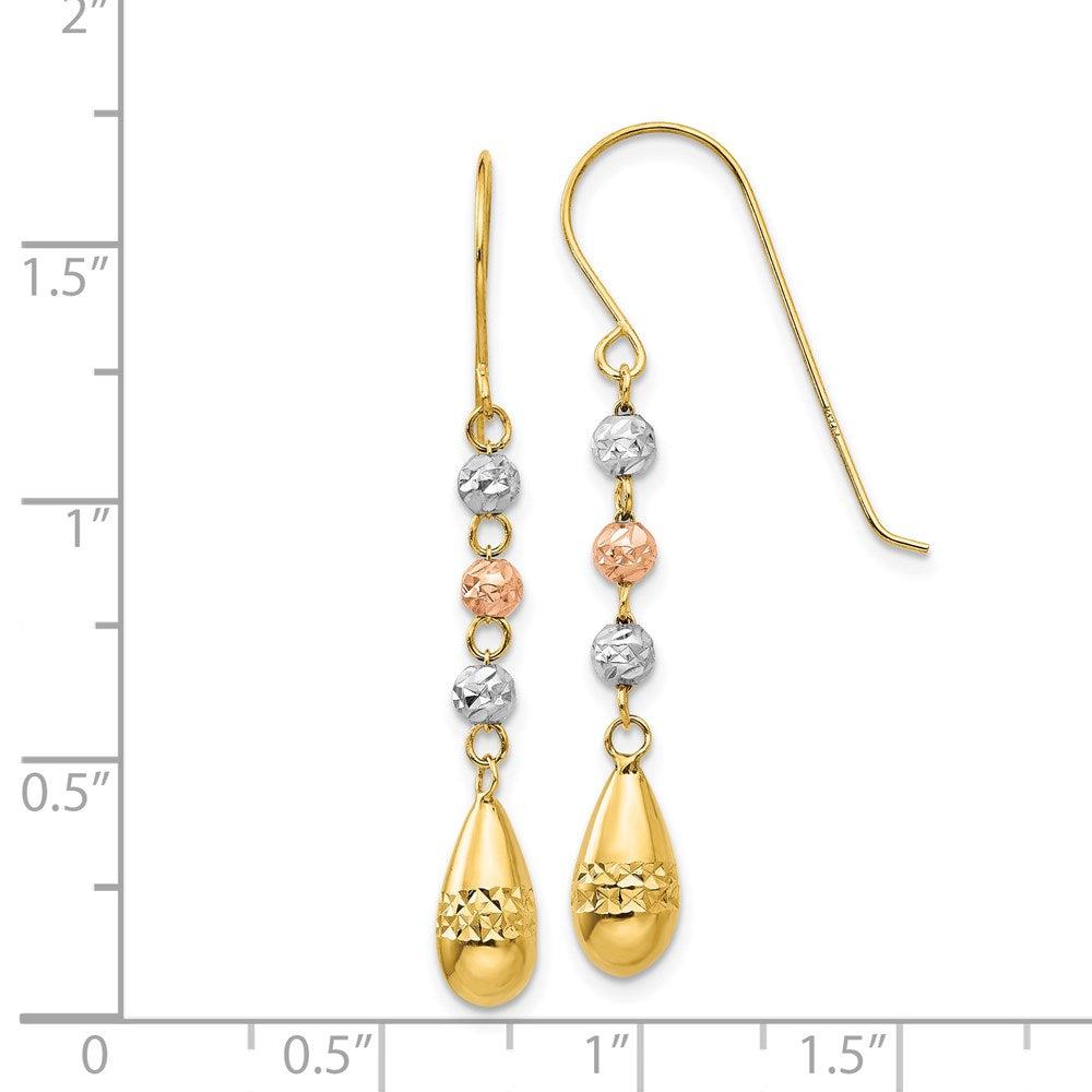 14k Tri-Color 5 mm Tri-color Diamond-cut Teardrop Beaded Puff Dangle Earrings (1.11 grams)